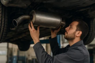 Mechanik kontroluje zadný tlmič výfuku pod automobilom.