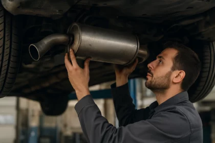 Mechanik kontroluje zadný tlmič výfuku pod automobilom.