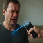 Muž reaguje na elektrický paralyzér, ktorý spôsobuje svalové ochromenie.