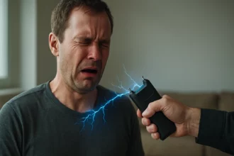 Muž reaguje na elektrický paralyzér, ktorý spôsobuje svalové ochromenie.