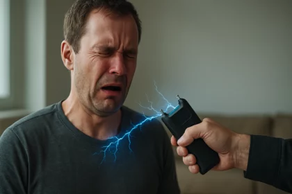 Muž reaguje na elektrický paralyzér, ktorý spôsobuje svalové ochromenie.