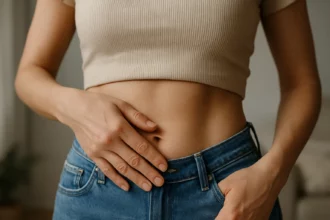 Žena sa dotýka svojho pupka a sleduje jeho zdravie.