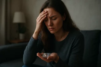 Žena so zlou náladou a tabletou v ruke, zamyslená nad vedľajšími účinkami lieku.