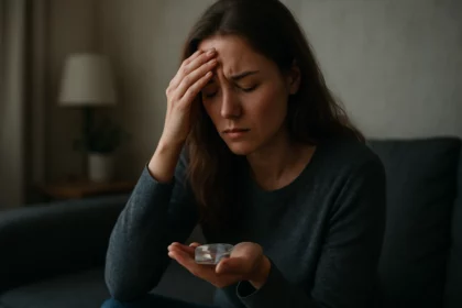 Žena so zlou náladou a tabletou v ruke, zamyslená nad vedľajšími účinkami lieku.