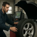 Mechanik kontroluje vyvážovací stroj na pneumatiky v autoservise