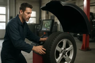 Mechanik kontroluje vyvážovací stroj na pneumatiky v autoservise