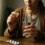 Žena užíva diuretikum Furosemid s pohárom vody