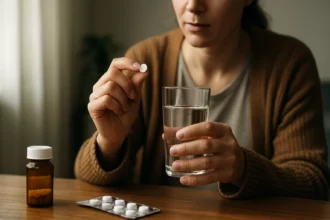 Žena užíva diuretikum Furosemid s pohárom vody