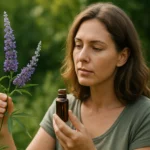 Žena skúma dráč obyčajný a tinktúru z Vitex agnus-castus.