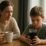 Matka a syn diskutujú o vplyve kofeínu na deti.