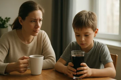 Matka a syn diskutujú o vplyve kofeínu na deti.