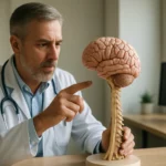 Lekár ukazuje model mozgu a miechy