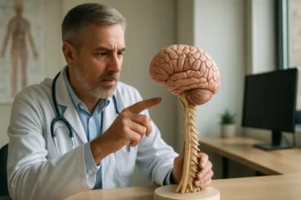 Lekár ukazuje model mozgu a miechy