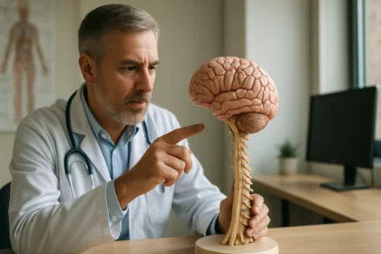 Lekár ukazuje model mozgu a miechy