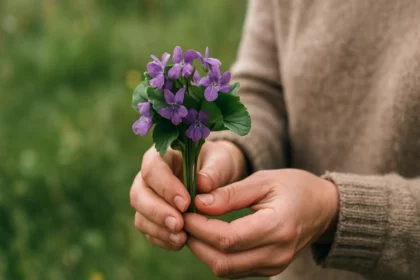 Ženské ruky drží kyticu divých fialiek v prírode.