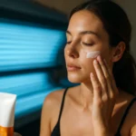Žena nanáša solárny krém na tvár pred opaľovaním v soláriu.