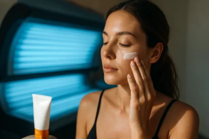 Žena nanáša solárny krém na tvár pred opaľovaním v soláriu.