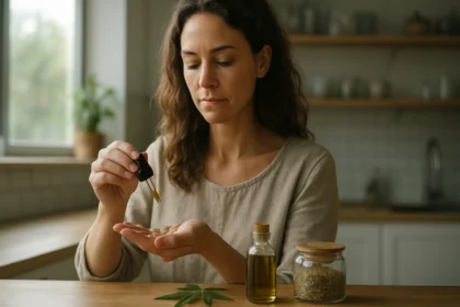 Žena aplikuje konopný olej na dlaň v kuchyni.