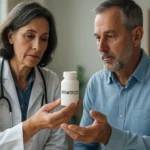 Lekár vysvetľuje použitie serrapeptázy pacientovi.