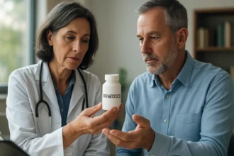 Lekár vysvetľuje použitie serrapeptázy pacientovi.