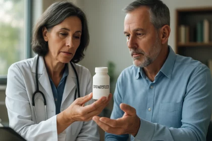 Lekár vysvetľuje použitie serrapeptázy pacientovi.