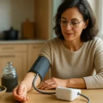 Žena meria krvný tlak s makovými semienkami na stole.