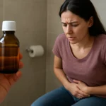 Žena sedí na toalete s bolesťami brucha a riadok o ricínovom oleji.