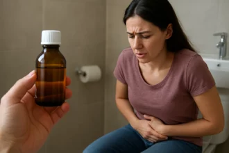 Žena sedí na toalete s bolesťami brucha a riadok o ricínovom oleji.