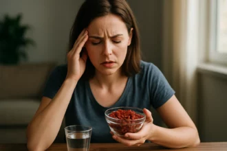 Žena s bolesťou hlavy drží misu goji bobúľ pri pohári vody.