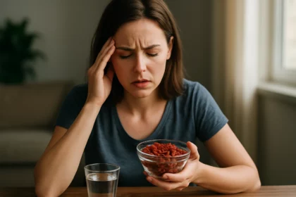 Žena s bolesťou hlavy drží misu goji bobúľ pri pohári vody.