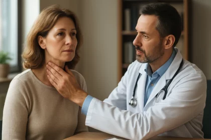 Lekár vyšetruje ženu s problémami štítnej žľazy.