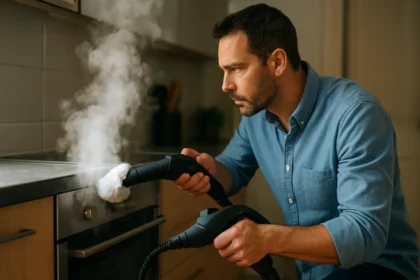 Muž čistí povrch pomocou parného čističa v kuchyni.