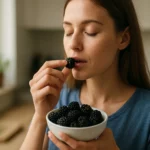 Žena vychutnáva si černice z misky v kuchyni