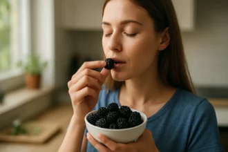 Žena vychutnáva si černice z misky v kuchyni