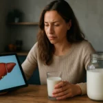 Žena skúma zdravie pečene s kefírom a tabletom