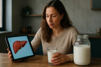 Žena skúma zdravie pečene s kefírom a tabletom