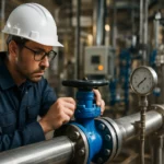 Technik kontroluje regulačný ventil v priemyselnej prevádzke.