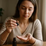 Žena aplikuje rebríčkové kvapky na ruku z pipety.