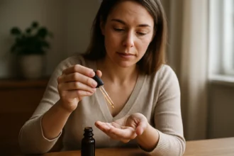 Žena aplikuje rebríčkové kvapky na ruku z pipety.