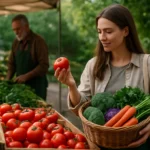 Žena na trhu s čerstvou zeleninou, vyberajúca paradajku.