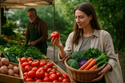 Žena na trhu s čerstvou zeleninou, vyberajúca paradajku.