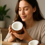 Žena objíma kokos s úsmevom, vychutnávajúc blahodárne účinky kokosu.