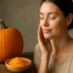Žena sa dotýka svojej pleti vedľa tekvice a tekvicovej kaše