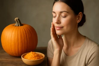 Žena sa dotýka svojej pleti vedľa tekvice a tekvicovej kaše