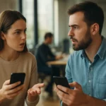 Mladý pár diskutuje s mobilnými telefónmi v ruke, vyjadrujú frustráciu.