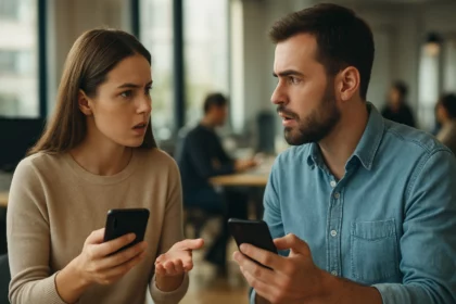 Mladý pár diskutuje s mobilnými telefónmi v ruke, vyjadrujú frustráciu.