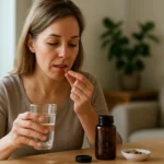 Žena užíva lucernové tablety s vodou na stole.