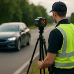 Trojnohý radarový merač rýchlosti v akcii na ceste.