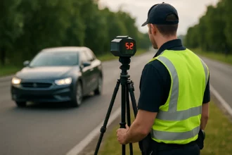 Trojnohý radarový merač rýchlosti v akcii na ceste.