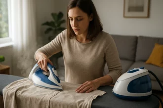 Žena žehliaca s parnou stanicou v domácnosti.